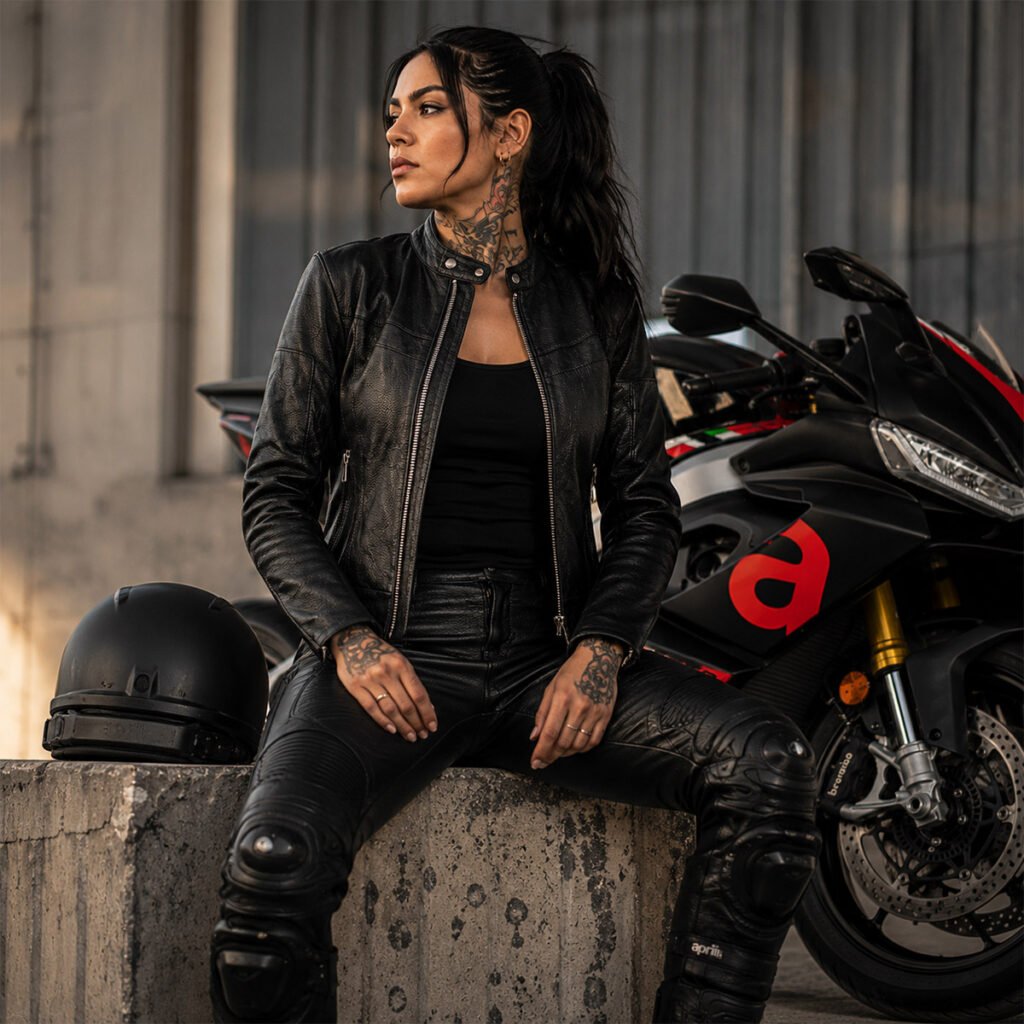 Mujer con chamarra biker Ceceña & Arce en la ciudad