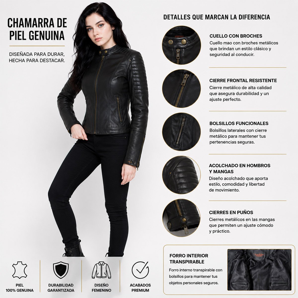 Chamarra de piel para mujer M52 - Image 11