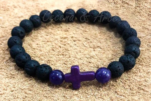 Pulseras De Piedras Volcánicas Modernas Con Cruz Para Hombre